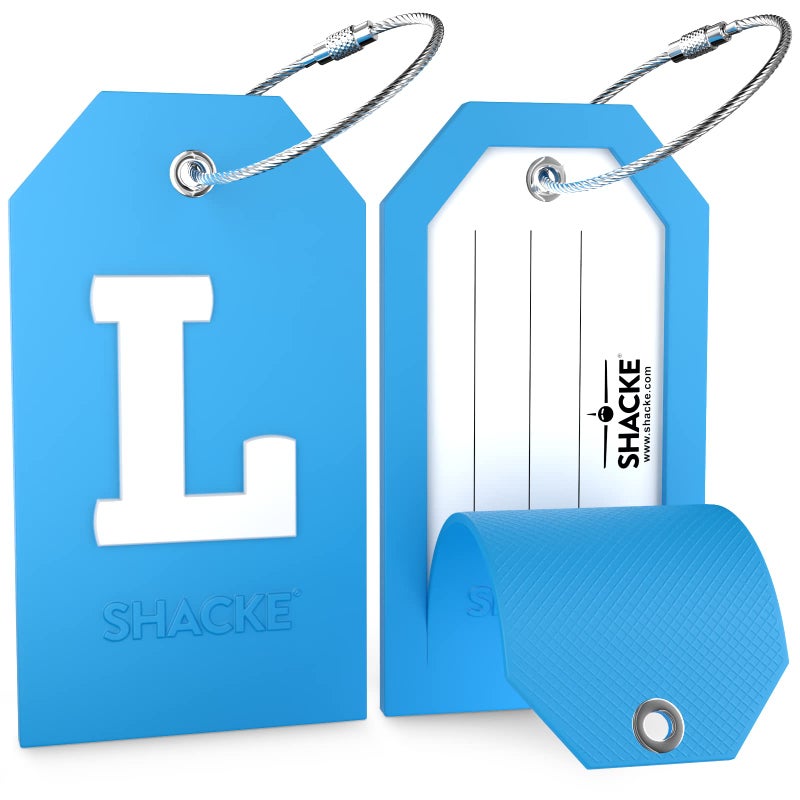 Shacke Initial Luggage Tag with Full Privacy Cover and Stainless Steel Loop - Aqua Teal (Letter L) - Image 2